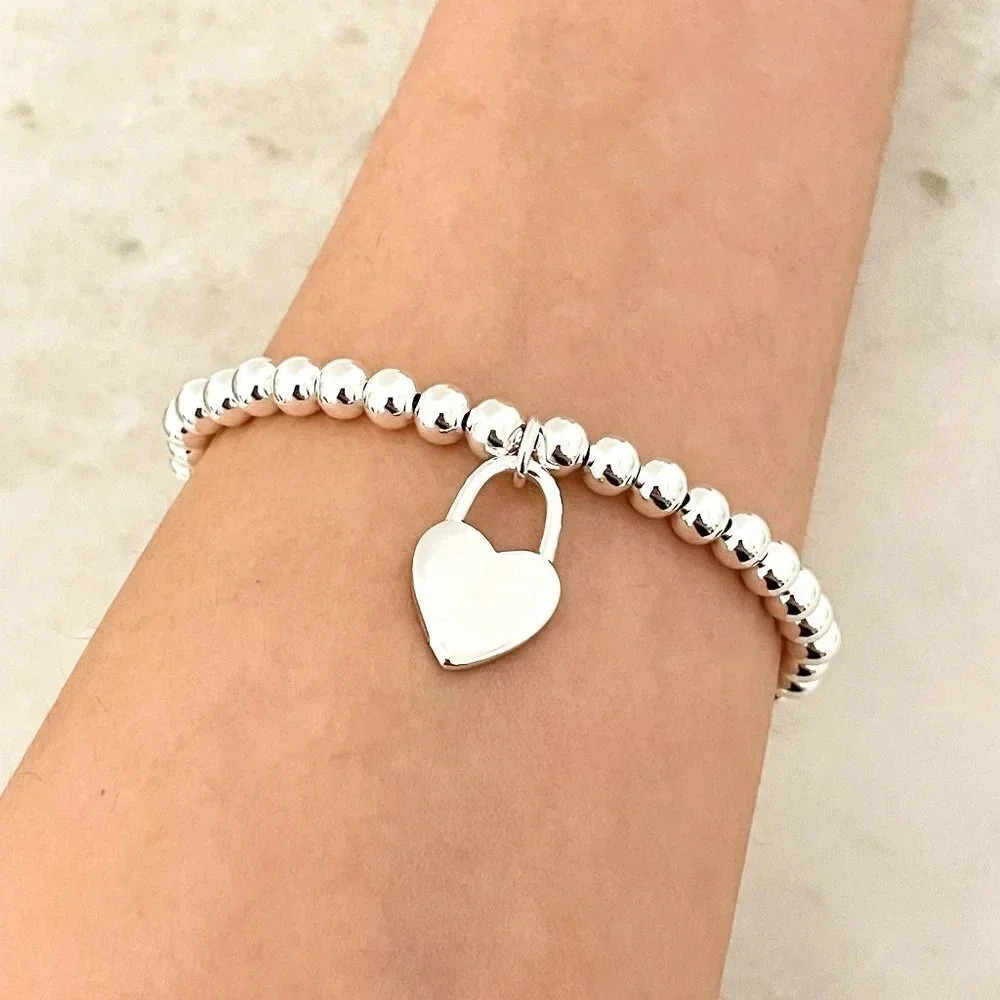 925 Sterling Silver Bead Bracelet Thick Chunky Heart Bracelet Dangle Heart